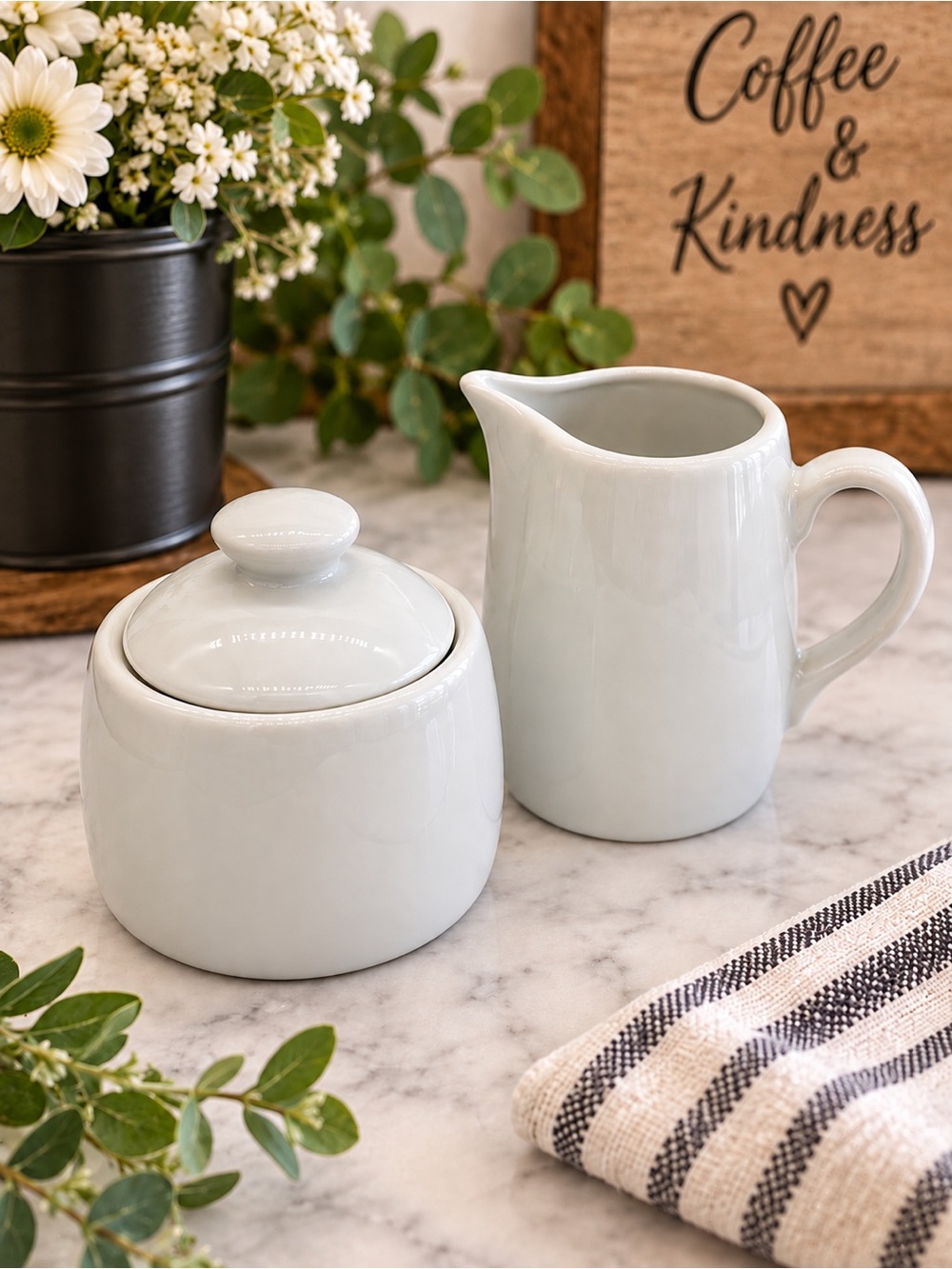 Ceramic Creamer & Sugar Bowl Set Classic Coffee Bar Décor Farmhouse Cottagecore